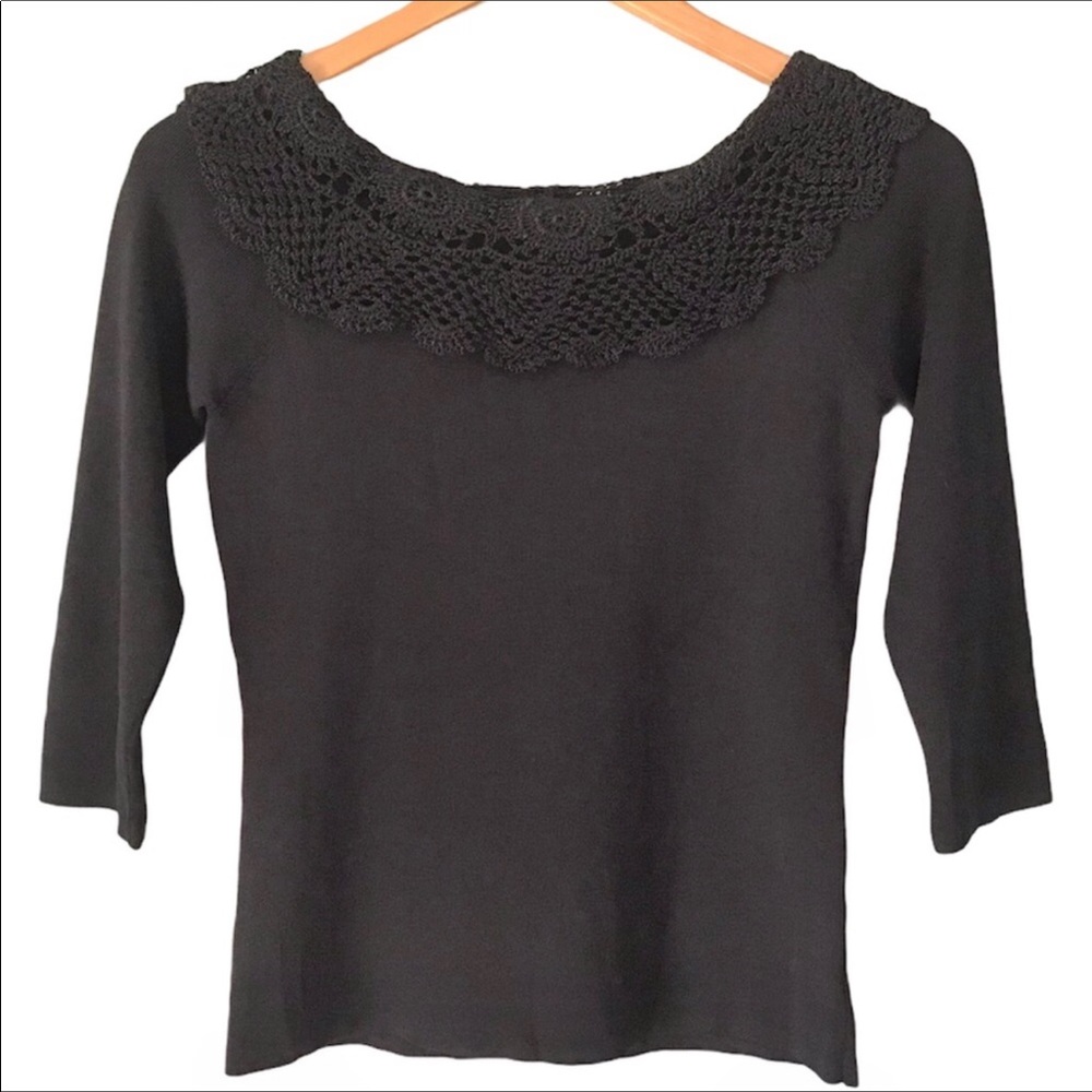 Joseph Allen NWT Black Knit Top Size M Crochet Scalloped Collar Dressy